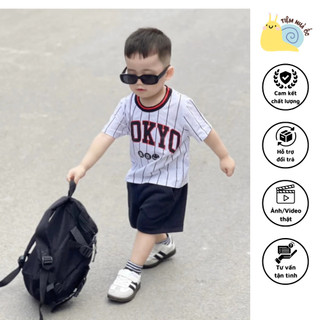 Set bộ kẻ trắng đen Tokyo cho bé trai chất liệu cotton phối quần nỉ da cá mềm mịn thấm hút tốt