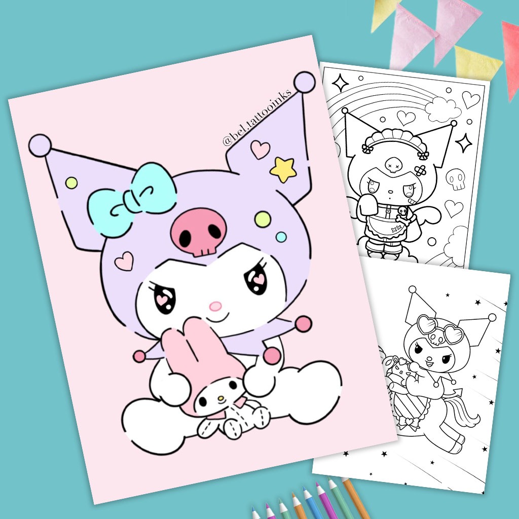 Bộ 50 tranh tô màu cho bé chủ đề Kuromi Size A4, A5. Giúp bé tập tô màu sáng tạo phát trển năng khiếu