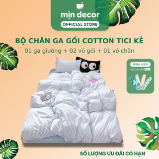Bộ Chăn Ga Gối Cotton Tici Kẻ Hàn Quốc Mịn Decor Bo Chun 10cm Đến 20cm, Size 1m6 1m8 - HT Dễ Thương