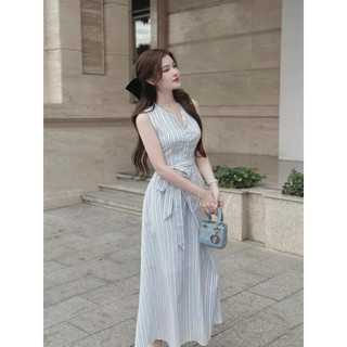 Đầm midi kẻ sọc xanh vạt đắp dây nơ eo NÀNG CLOSET