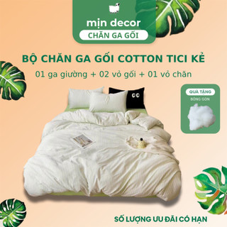 Bộ Chăn Ga Gối Cotton Tici Kẻ Mịn Decor Ngộ Nghĩnh Dễ Thương Bo Chun 10cm Đến 20cm, Size 1m6 & 1m8 (Không Kèm Ruột)