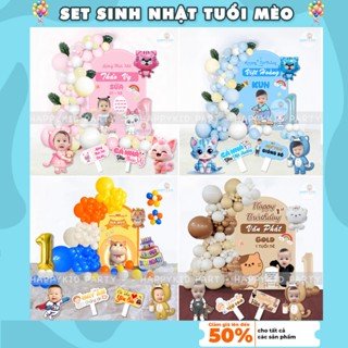 Set trang trí sinh nhật thôi nôi tuổi mèo cao cấp kèm phông bạt hình chibi hashtag cho bé trai bé gái HAPPYKID SETSNTM