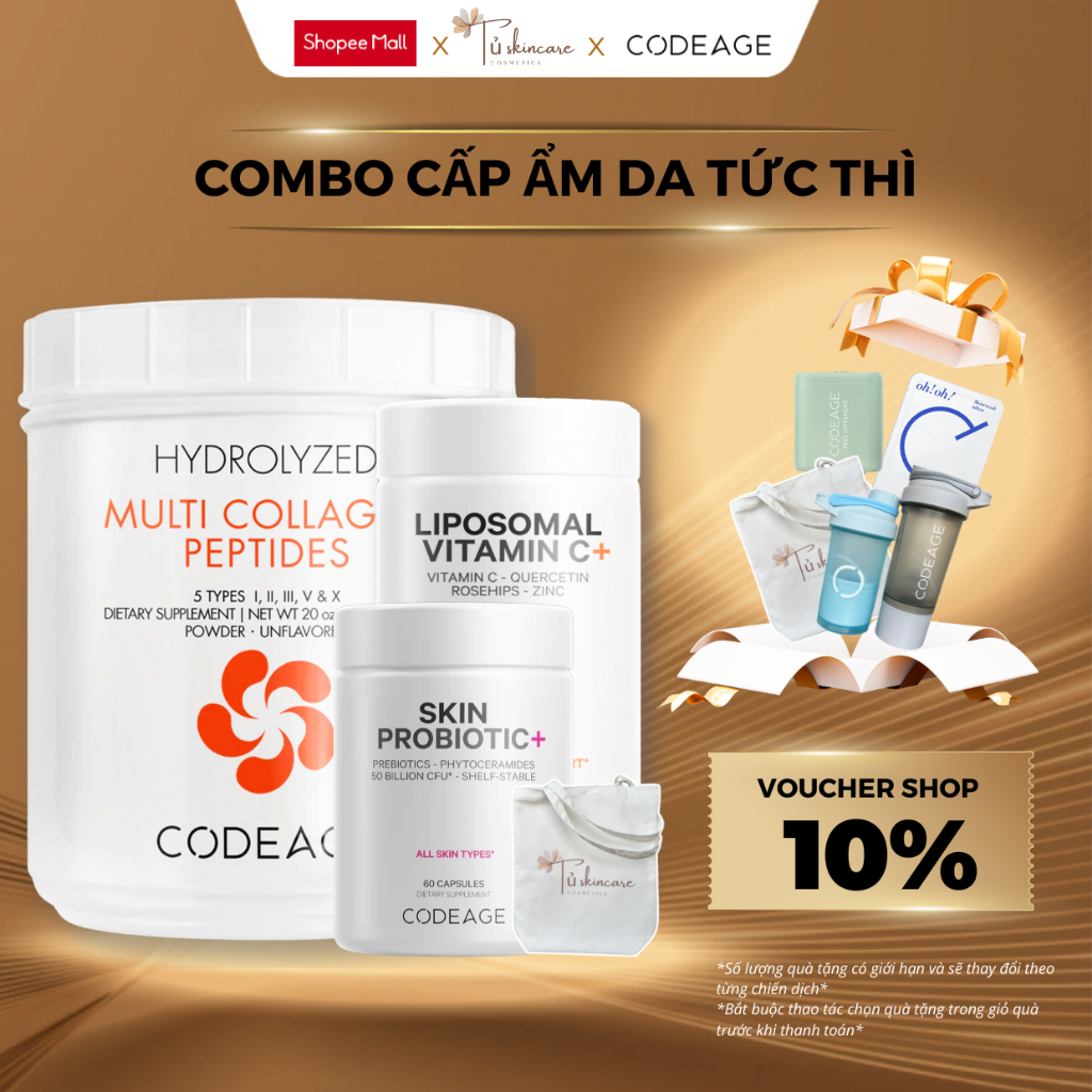 Bộ 3 Giúp Cấp Ẩm Da Tức Thì Codeage Collagen Peptides + Codeage Skin Probiotic Tặng Codeage Liposomal Vitamin C