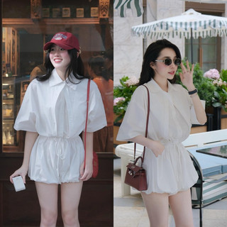 JENNYCLOSET ® Jumpsuit sơ mi trắng tùng bồng ( có quần bảo hộ) , Đầm sơ mi kiểu nữa bo chun eo có dây buộc cao cấp 