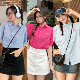 [SHOPPUMI] Áo sơ mi kẻ sọc tay ngắn thêu nơ nhiều màu freesize Pumi 16057