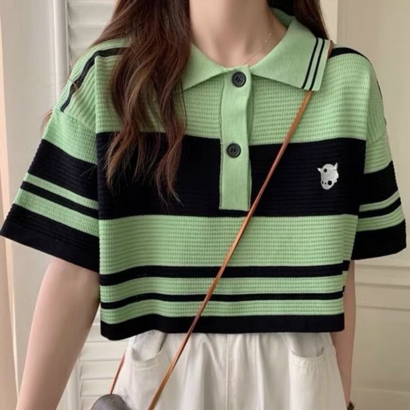 Áo croptop mongtoghi dệt kim ngắn tay họa tiết sọc ngang thời trang dành cho nữ