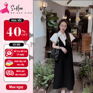 Váy bầu đẹp SOHEE, đầm bầu dáng babydoll cổ sở mi phối 2 màu đen trắng thanh lịch nhã nhặn phù hợp đi công việc dự tiệc
