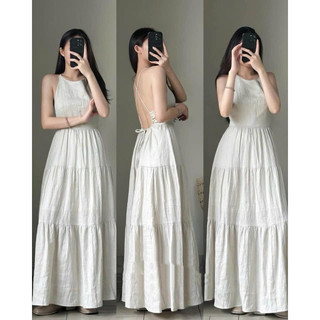 Đầm maxi linen cổ yếm đan dây lưng vibe dress
