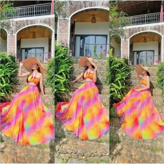 Đầm maxi đi biển loang màu cup ngực dáng dài họa tiết xinh đẹp bo chum phía sau co giãn thoải mái