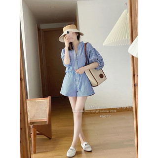 Set bộ sơ mi thô kẻ tay bồng min • melanie boutique