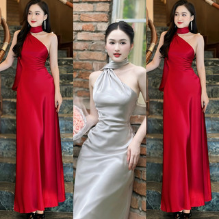 TUONGVYBOUTIQUE - Váy Lụa Dự Tiệc Lệch Vai Kèm Dây Cách Điệu Dáng Dài Xoè Nhẹ Sang Trọng - TV400