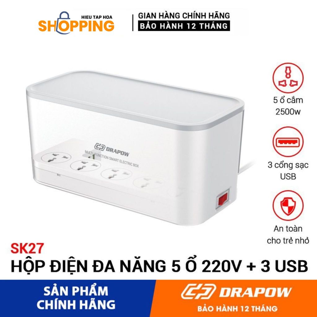 Ổ Cắm Điện Thông Minh Drapow SK27 - đóng Hộp 5 ổ cắm 220V - 3 cổng Usb A