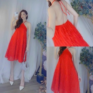 Đầm yếm cột cổ hở lưng lông kim tuyến lấp lánh