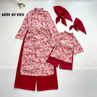 [4-64kg] Áo Dài Cách Tân MẸ VÀ BÉ Hoa Đỏ NHÍM XÙ KIDS Chất Lụa Mango Cho Bé Gái AD140