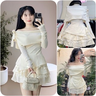 Sét Váy Gồm Áo Trễ Vai Bẻ Vai Vạt Chéo Bo Tăm + Chân Váy Xòe Đũi Gân Viền Ren