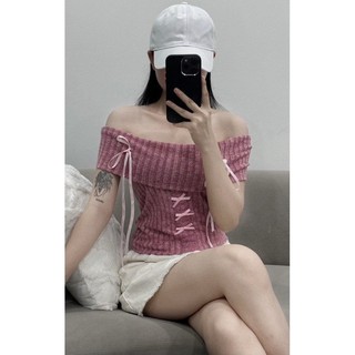 Áo trễ vai len dệt kim đính nơ