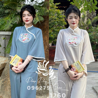 Set pháp phục viền thêu hoa sen tay lỡ - set pháp phục đi chùa - bộ lam đi lễ, hình ảnh chính chủ