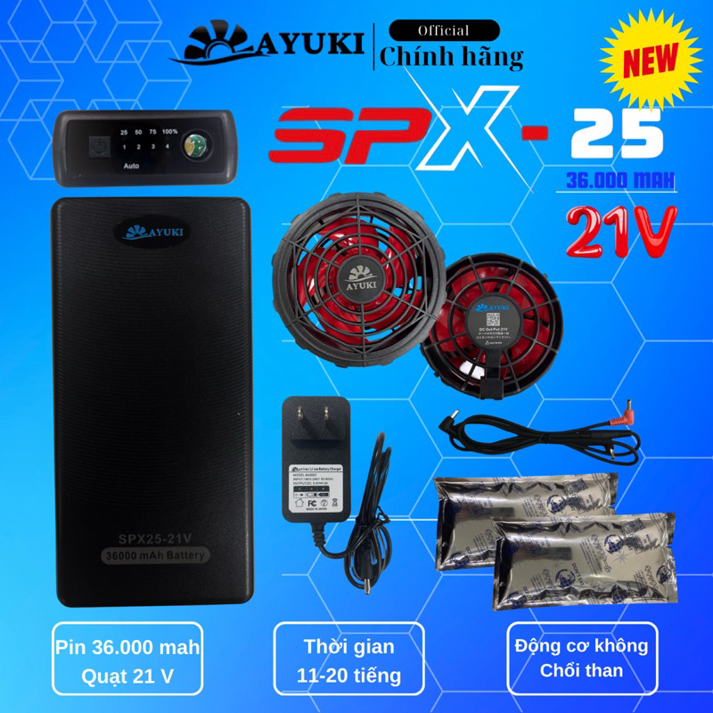 Bộ Pin, quạt Áo điều hoà Ayuki thế hệ mới SPX-25 không chổi than, chính hãng Nhật Bản