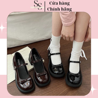  Giày tiểu thư nữ giày lolita đế vuông cao 5cm phối nơ quai ngang màu đen da bóng dễ thương TC03 
