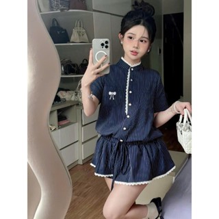 BIGSIZE HIẾU HIẾU (55-95KG) - Set bộ thời trang nữ tiểu thư sọc dáng bí xoè thêu nơ + quần đùi sọc