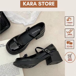  Giày tiểu thư đế vuông cao 5cm giày lolita phối nơ quai ngang màu đen bóng TC08 