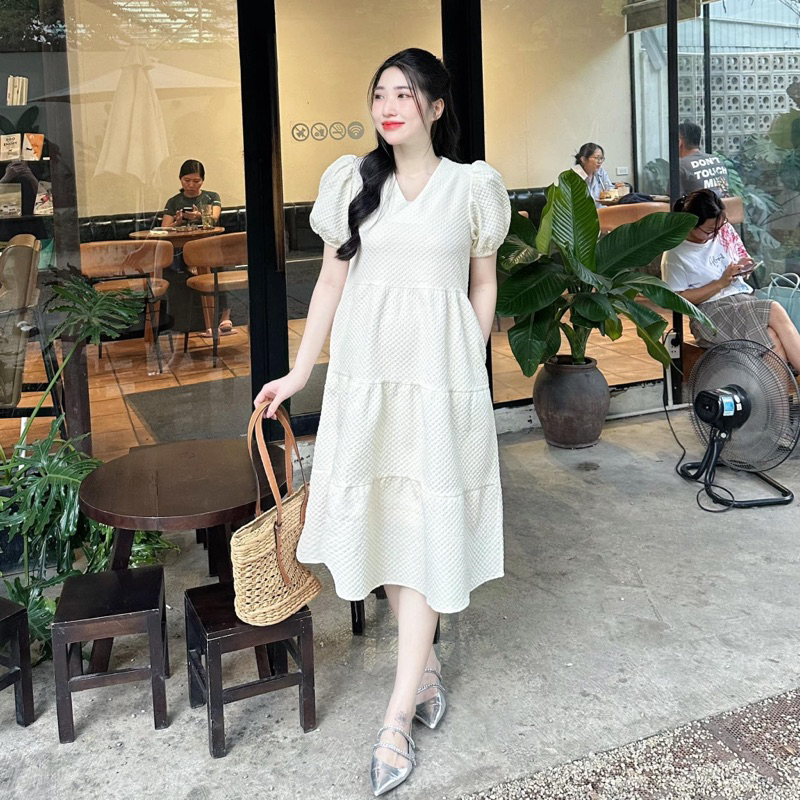 EVERMOM l Đầm bầu/mẹ bỉm Mira cổ V form babydoll tay bồng nữ tính