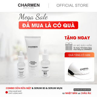 Tinh chất ngừa mụn sáng da nam CHARMEN, combo 3 món gồm sữa rửa mặt cho nam, serum dưỡng da, tiện lợi