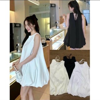 Váy suông sát nách dáng bồng bềnh buộc nơ lưng, đầm bí ngô hách dáng nữ