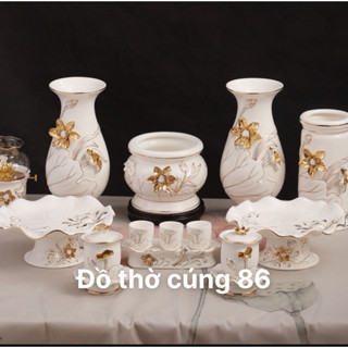 Bộ Thờ Cúng - Sét Đồ Thờ Phụng Sen Kim Trắng Bông Hoa Nổi Màu Trắng Cao Cấp. Gồm Bình, Lư, Dĩa, Án...
