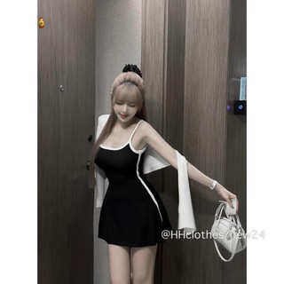 Đầm 2 dây dáng ngắn chữ A viền màu , kèm khăn quàng cực xinh , chất thun tăm mềm mịn