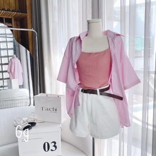 Sét bộ 3 món , áo 2 dây croptop phối quần shorts trắng kèm áo sơ mi sọc form rộng cực xinh , có dây nịt