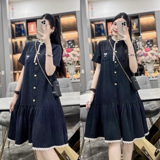  Đầm Bầu Váy Bầu Kẻ Đuôi Cá Thiết Kế Sọc Xanh Viền Ren Nơ Ngực - Đầm Bầu Công Sở Sang Chảnh Đi Làm Đi Tiệc Cho Mẹ Bầu 