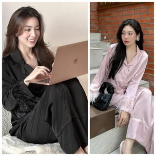 Đồ Bộ, Đồ ngủ mặc nhà Pijama Lụa Latin Tay Dài Phối Lông Vũ Suông Free Size 40-58kg