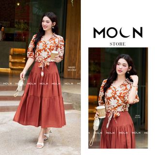 Áo sơ mi nữ mix chân váy bán lẻ, áo thắt eo chất đũi xước họa tiết MA282 chân váy xòe basic chất đũi xước MCV402 Moon