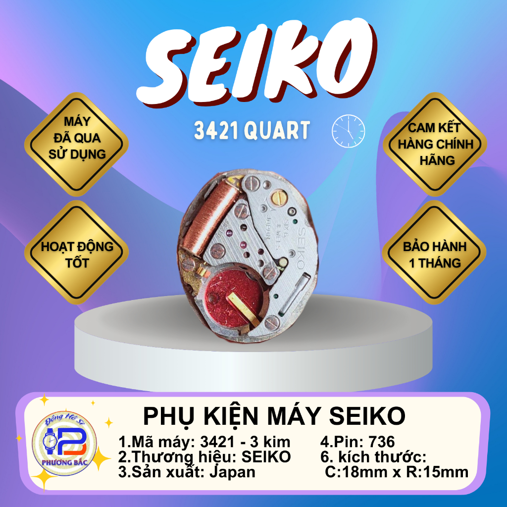 Bộ máy linh kiện đồng hồ seiko 3421 - 3 kim, 3422 - lịch, chạy pin 736, máy bóc từ đồng hồ si nhật S