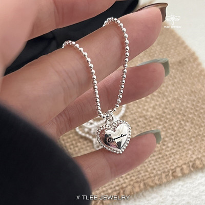 Dây chuyền bạc nữ TLEE sợi bi treo mặt tim nhỏ bóng viền hạt trơn TLEE JEWELRY D0338 (có khắc chữ theo yêu cầu)