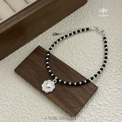 Lắc tay bạc nữ TLEE bi bạc mix hạt màu đen treo Charm tim hoa kết xinh xắn TLEE JEWELRY LT0238