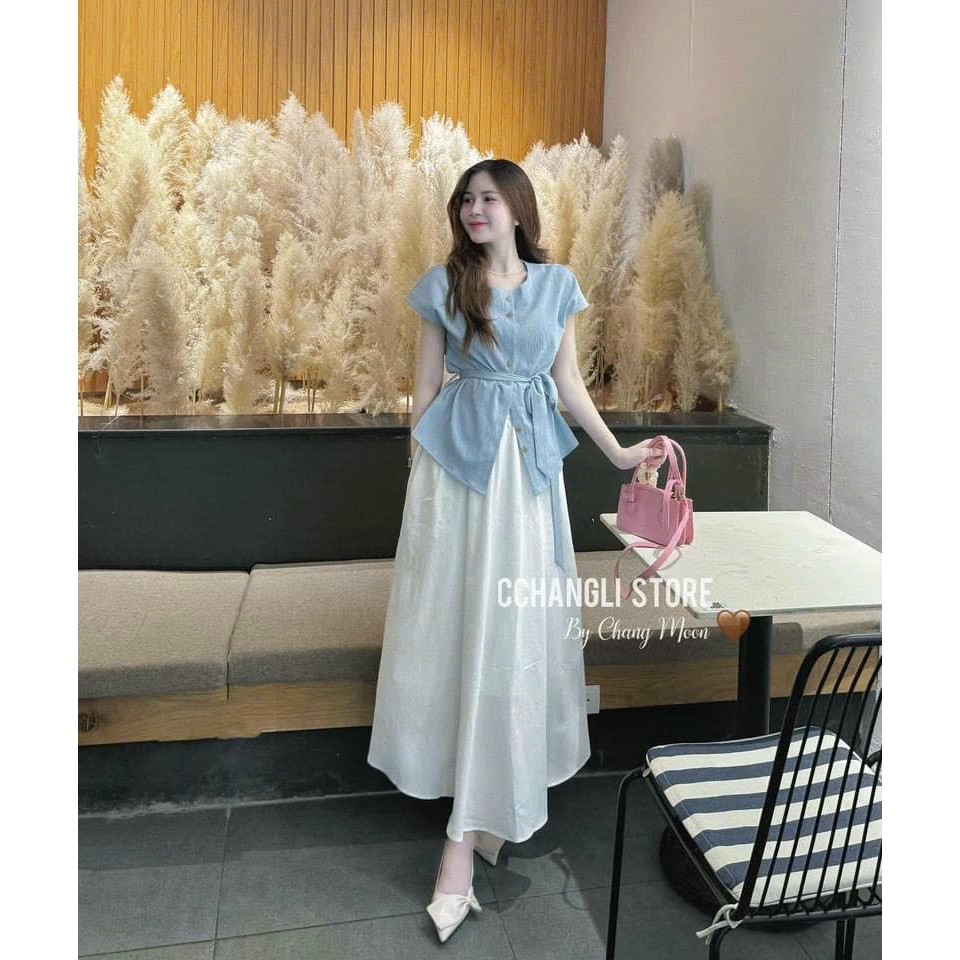 Set thời trang nữ mặc đi chơi chất áo đũi vân mây không tay chân váy tơ 2 lớp dáng dài maxi tôn dáng