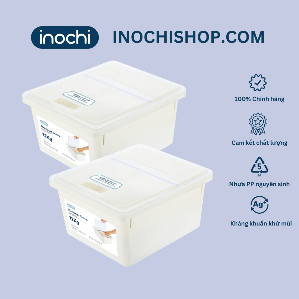 Thùng gạo Sendai 12kg kèm cốc đong gạo tiêu chuẩn Nhật, chính hãng Inochi