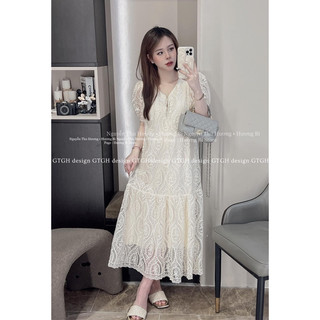 Váy xuông ren hoa cổ đá hương bi