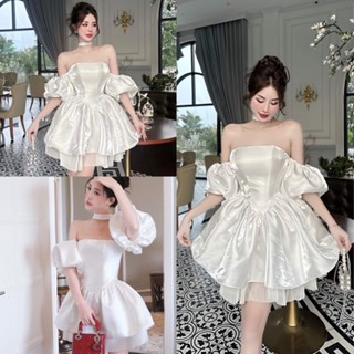  Váy công chúa tay bồng trễ vai cúp ngực xoè dập ly dưới kèm dây cổ chất tafta Đầm trắng dự tiệc sang chảnh 