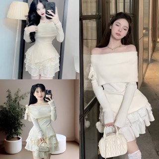  Sét áo trễ vai tay dài vạt chéo nơ vai cách điệu chất thun tăm kèm chân váy xoè 3 tầng bèo trắng áo thun nữ ôm body 