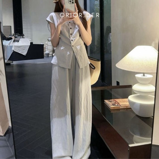 Bộ Đồ Nữ Phong Cách Hàn Quốc Áo Sơ Mi Chít Eo Và Quần Ống Rộng