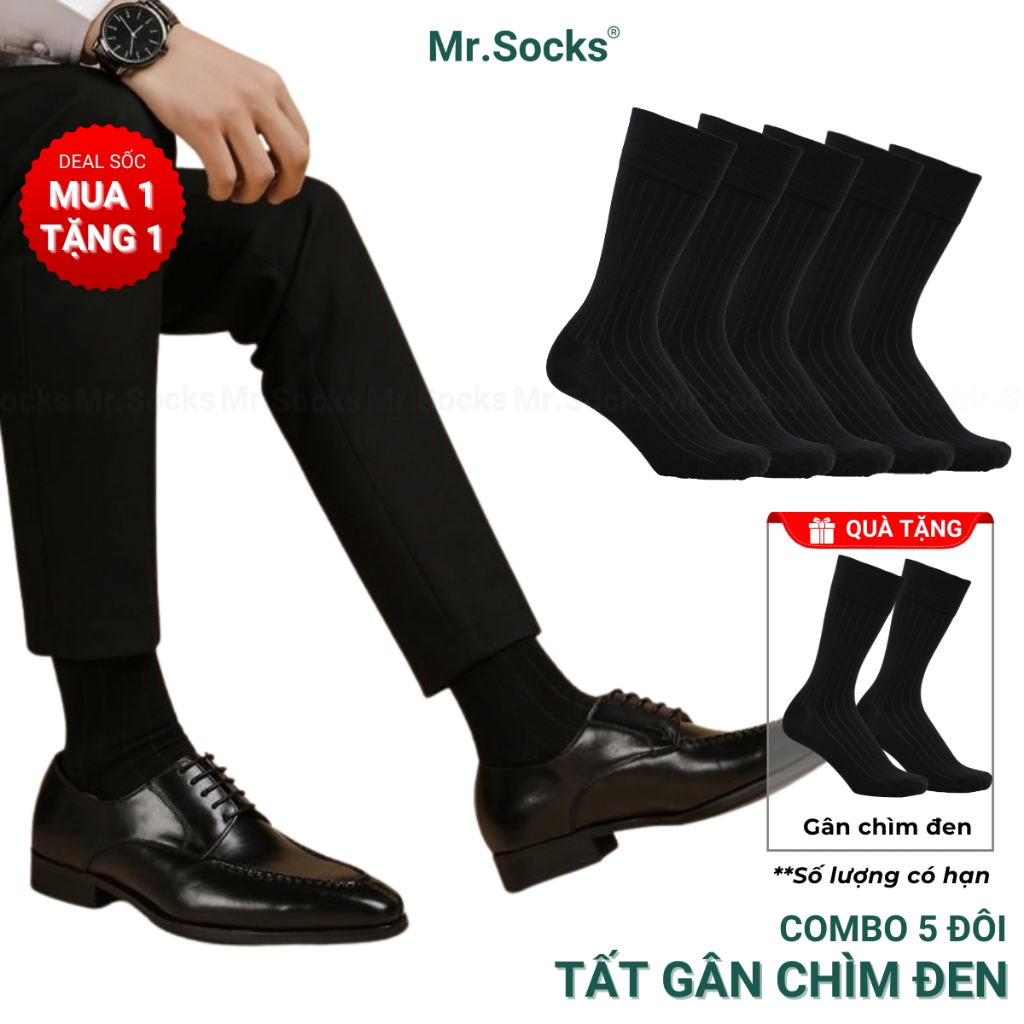  Hộp 5 đôi tất nam cổ cao công sở Mr.Socks vớ đen dài mang giày tây cao cấp hút ẩm thoáng khí - TAYGANCHIM-DEN-CB5 