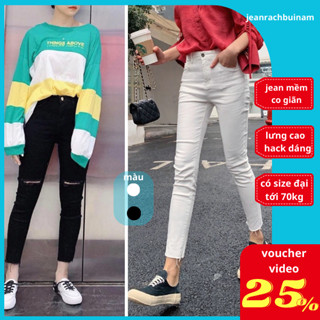 Quần jean nữ rách gối lưng cao rách gấu dáng skinny màu đen cao cấp, Quần bò trắng nữ co giãn có BIGSIZE