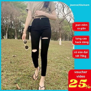 Quần Jean Skinny Đen nữ Rách Đùi Gối, Jean Co Giãn Lưng Cao Trên Rốn