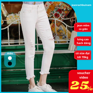 Quần jean nữ rách bụi trắng đen, quần bò nữ dáng skinny lưng co giãn cao cấp không phai màu