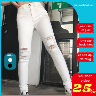 Quần jean nữ trắng rách gối, Quần bò cạp cao skinny jeans co giãn rách đùi