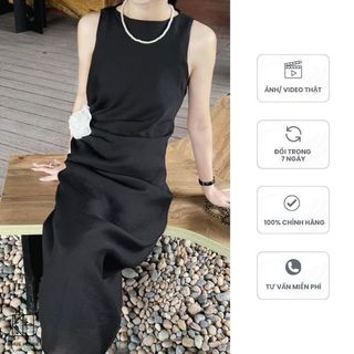Váy dáng dài KHUE HOUSE Issey tơ kèm hoa 2 lớp hàng hiệu thiết kế đi dự tiệc mùa hè (Váy tơ đen dúm eo hoa trắng)