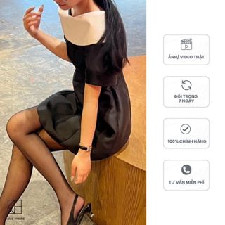 Váy đi tiệc KHUE HOUSE ESME đầm dự tiệc dáng ngắn tafta đen phối cổ trắng thanh lịch (váy tafta đen cổ trắng ngắn tay)